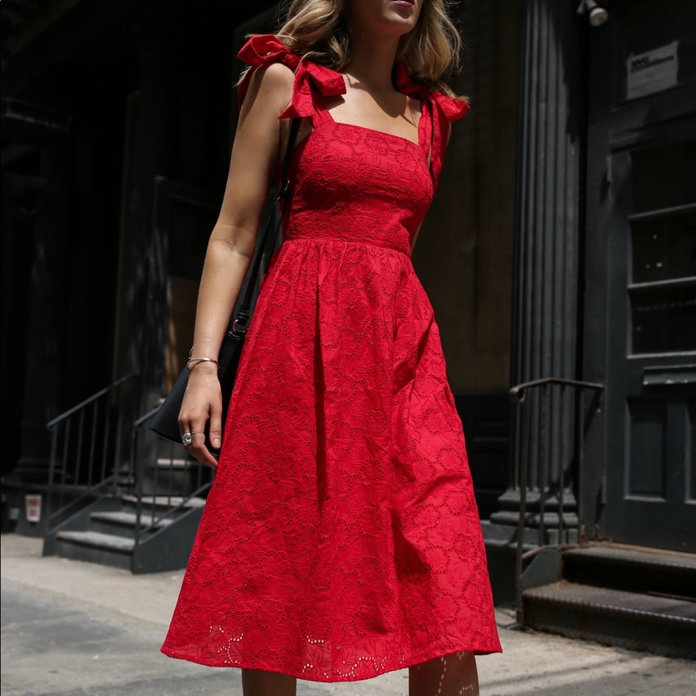 H&M Red Midi Dress with Square Neckline and Cap Sleeves